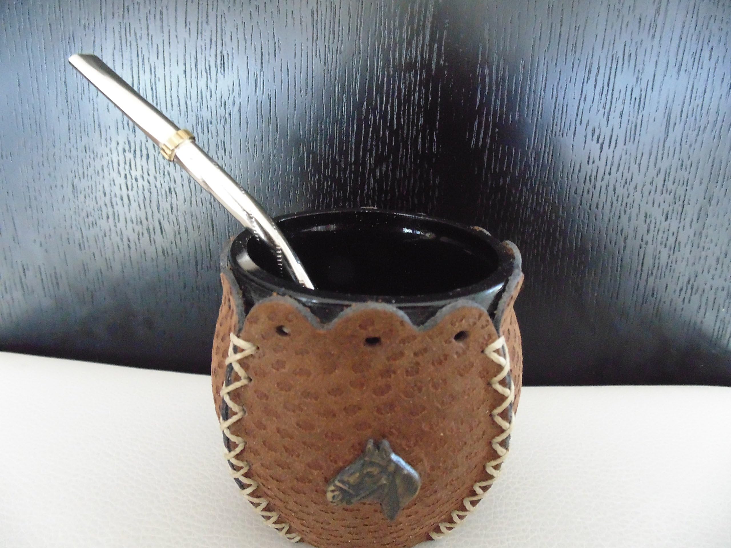 HANDCRAFTED YERBA MATE KIT: MATE GLASS LEATHER COVERED GOURD CUP + STAINLESS STEEL BOMBILLA STRAW. IMPORTED FROM ARGENTINA.