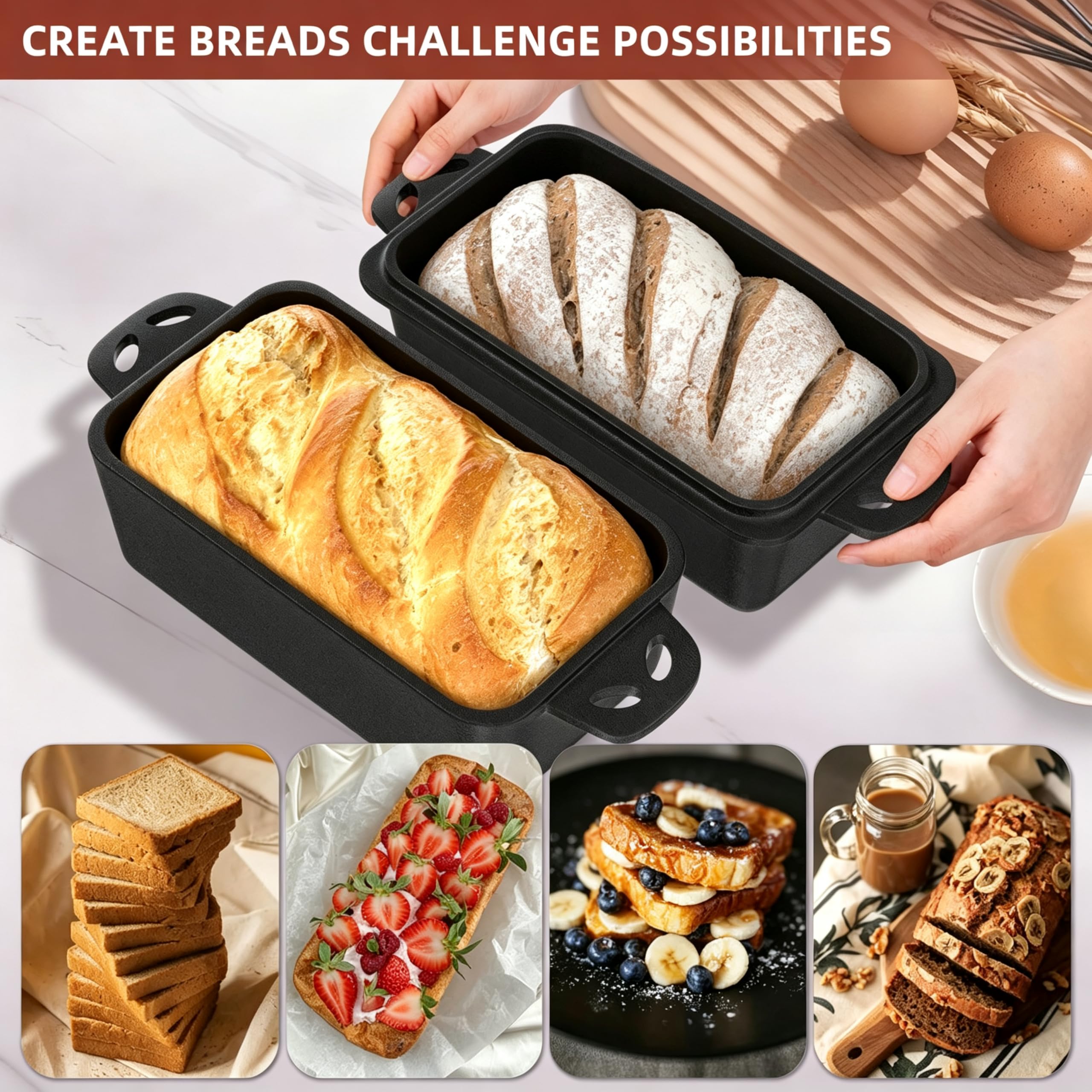 Kastenform aus Gusseisen mit Deckel, 22,9 x 12,7 cm, 2-in-1 Brotbackformen für hausgemachtes Brot, 2-teiliges Set