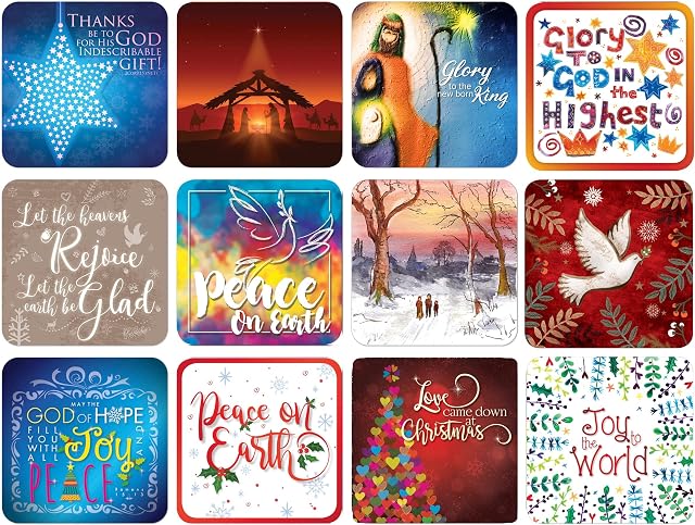 Christmas Coasters, Pack of 12 cork coasters, each of a different design, with inspirational words. Beautiful Chirstmas gifts for women or men, by Just Cards Direct (C223)