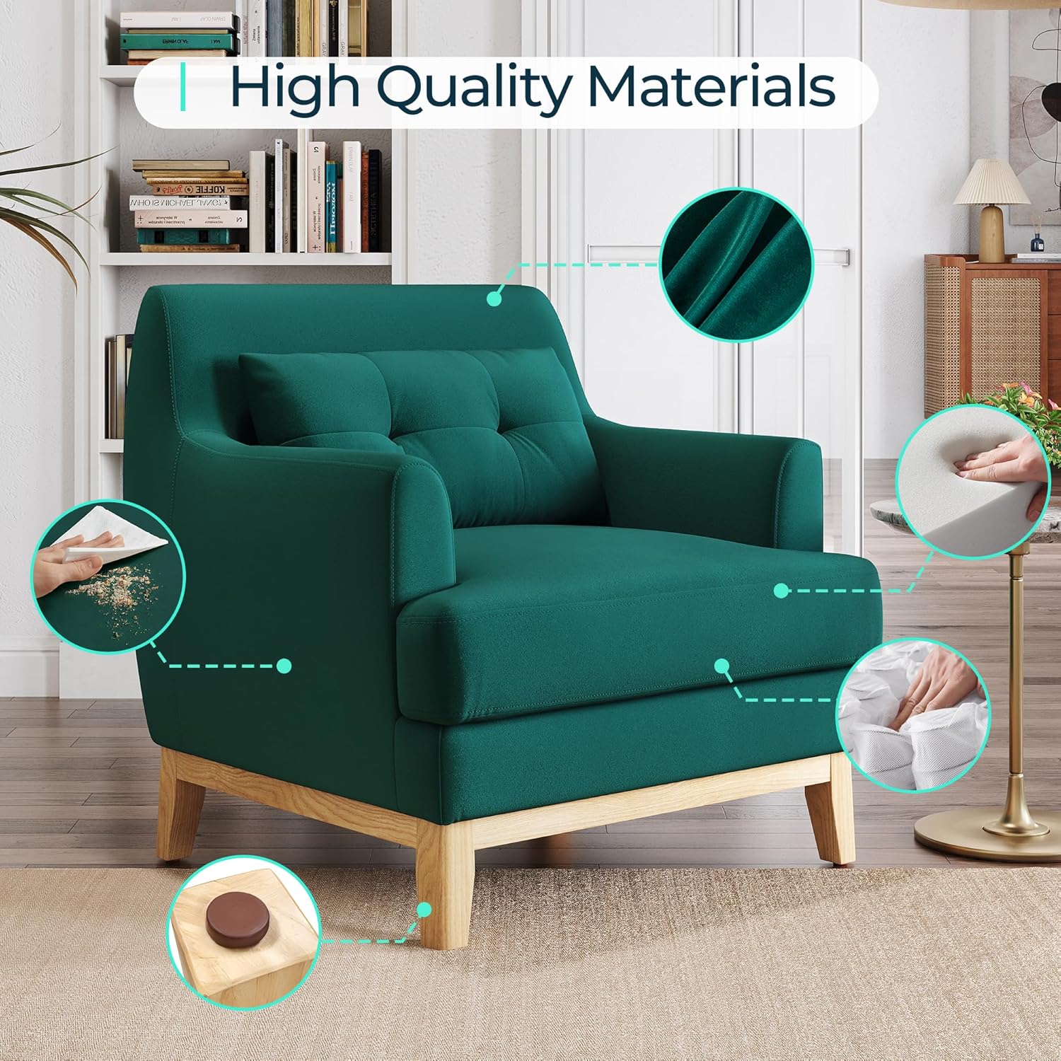 LINSY Accent Chair, Large Reading Chair with Rubberwood Base, Mid Century Modern Armchair with Lumbar Pillow, Cozy Single Sofa Chair for Living Room Bedroom Office Study, Velvet Arm Chair, Green