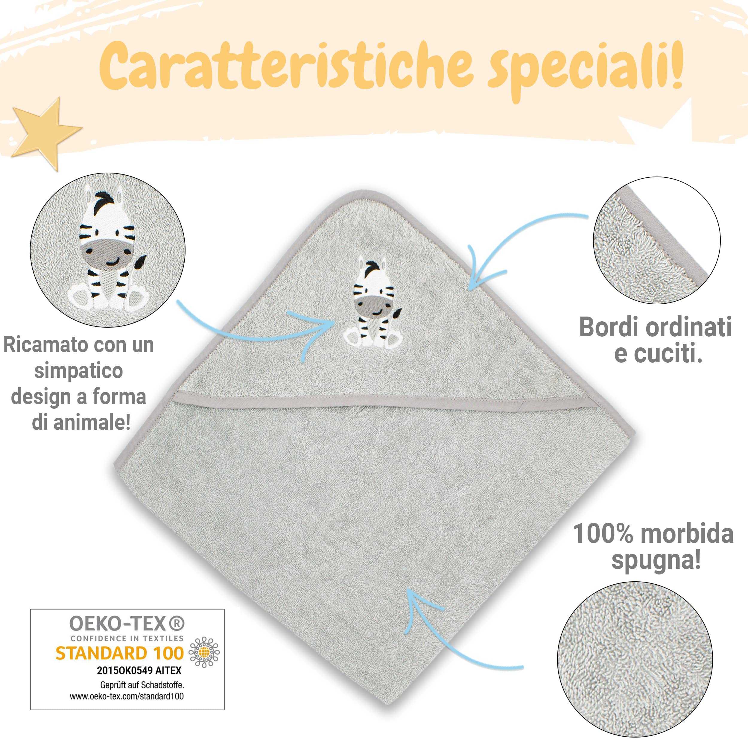 Babykajo Set Accappatoio per Neonati con 2 Guanti da Bagno in Oeko-Tex Standard 100 Certificato, Asciugamano con Cappuccio in Morbida Spugna, Primo Asciugamano con Cappuccio per Bambini 80x80 cm
