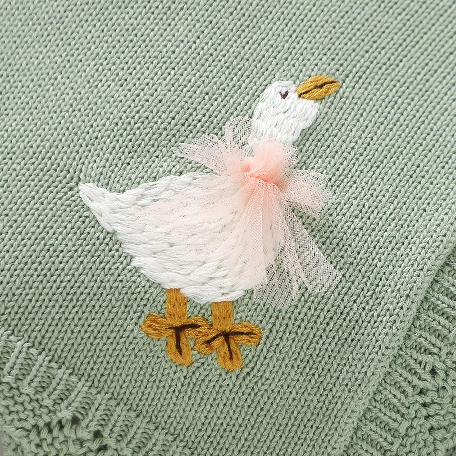 mimixiong Cotton Baby Blanket Heritage Receiving Cuddle Stroller Crib Blanket with Cute Embroidered Goose for Boys and Girls 30x40 Inch (Sage Green)