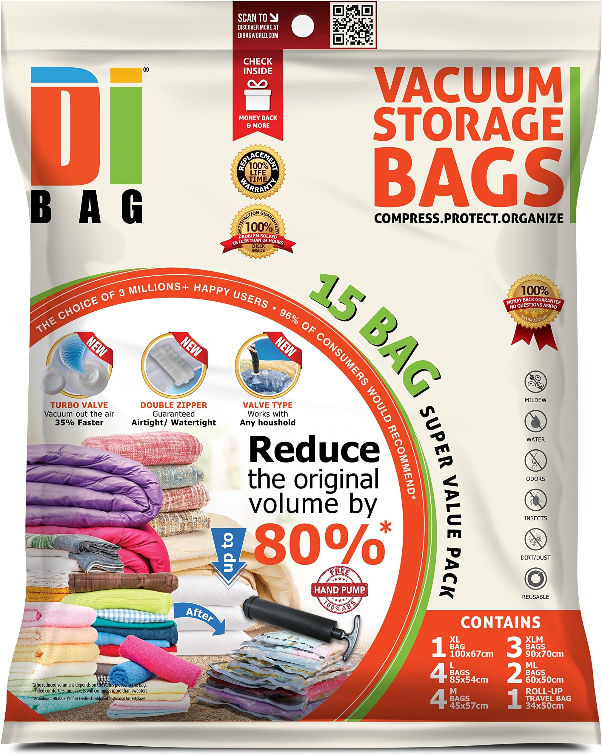 DIBAG ® 15 Space Saver Vacuum Storage Bags - Premium Travel Space Bags - 1 XL + 3 XLM + 4 L + 4 M + 2 ML + 1 Roll-Up Bag - Double Sealed Compression Plastic Bags For Clothing Storage, Bedding & Packing