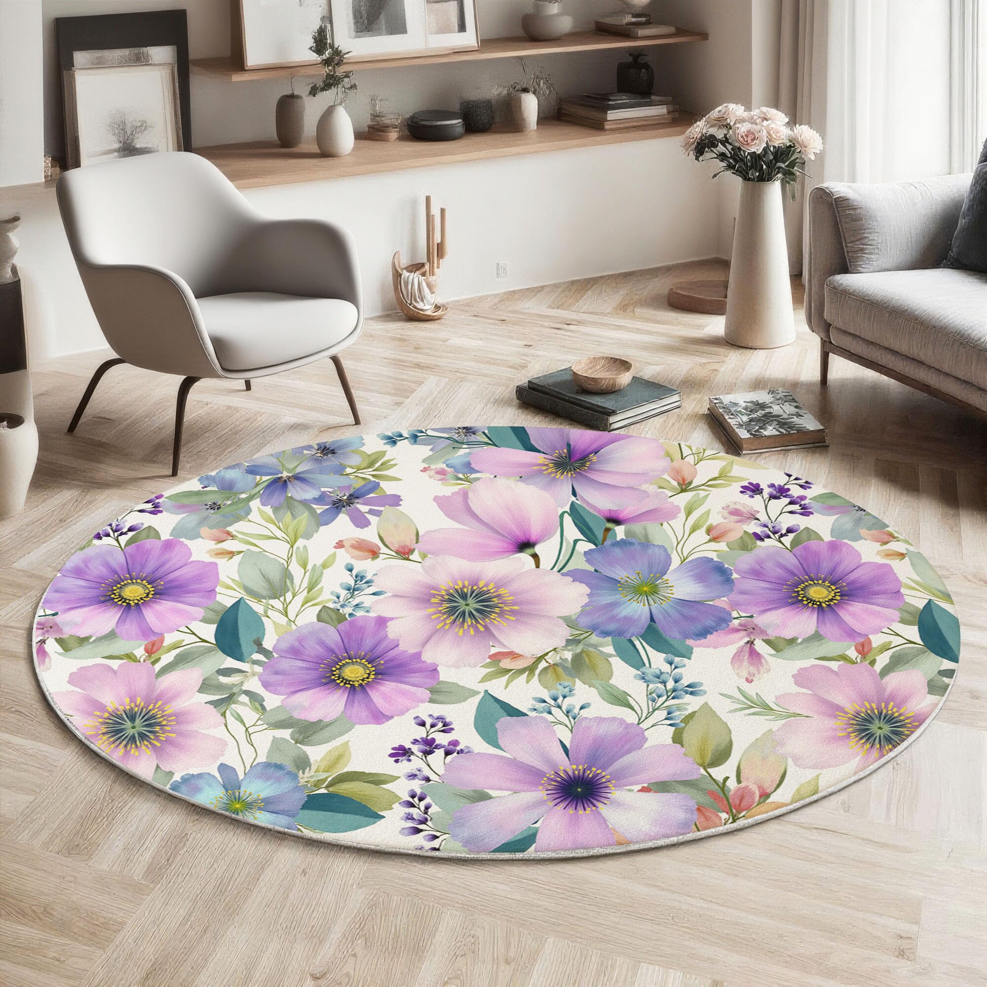 Tapis rond fleurs aquarelle violet 180 cm pour chambre et salon lavable