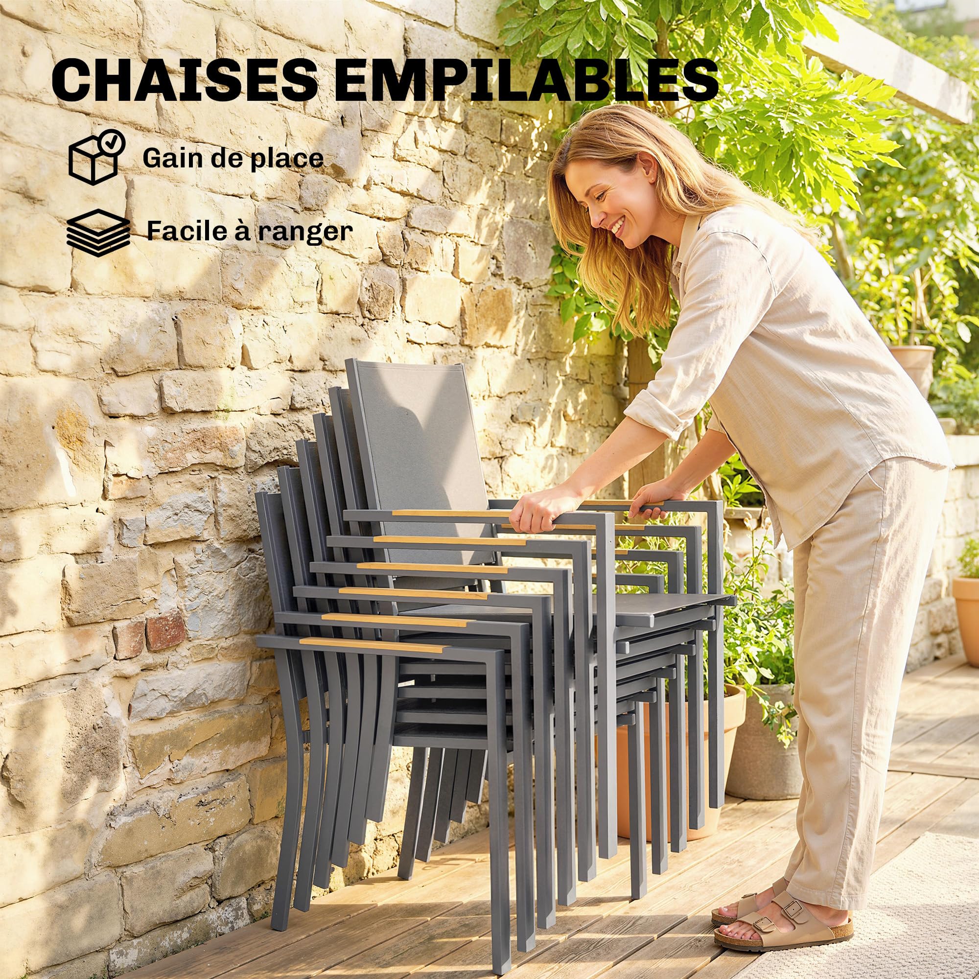 Outsunny Salon de Jardin 7 Pièces - Table Effet Bois sans Entretien et 6 Chaises Empilables en Textilène - Ensemble Mobilier de Jardin Résistant pour Repas en Terrasse, Gris Anthracite