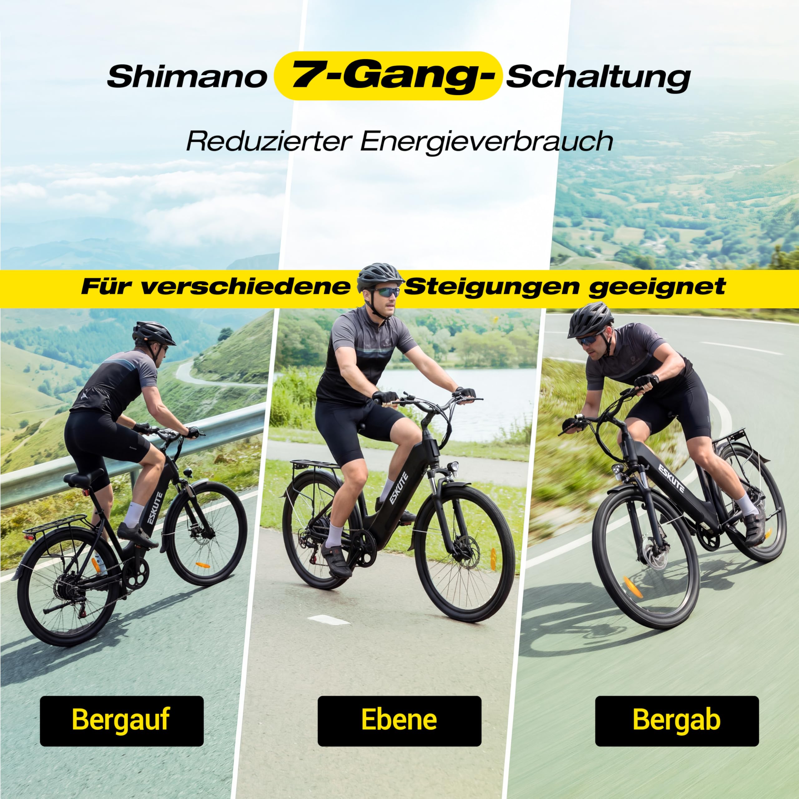 ESKUTE 26 Zoll E-Bike für Herren & Damen,C202 Elektrofahrrad mit 48V 17,5Ah Akku, 250W Motor, 7-Gang-Schaltung, LCD-Display, bis zu 110 km Reichweite, 25 km/h City Trekking E Bike für Erwachsene