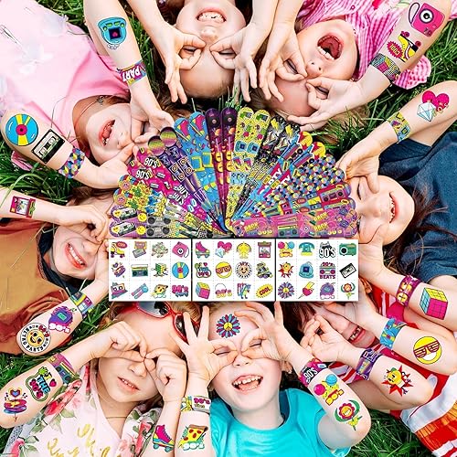 Miniatura 5 de Juego de 60 recuerdos de fiesta de los años 80 y 90, 36 tatuajes temporales y 24 pulseras para niños, perfecto para decoraciones de fiesta de los