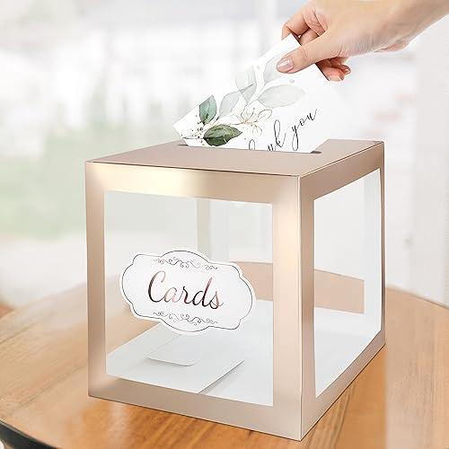 Miniatura 6 de Caja de tarjetas de boda para recepción, transparente con borde de oro rosa, caja de regalo para bodas, despedidas de soltera y baby showers, fiesta