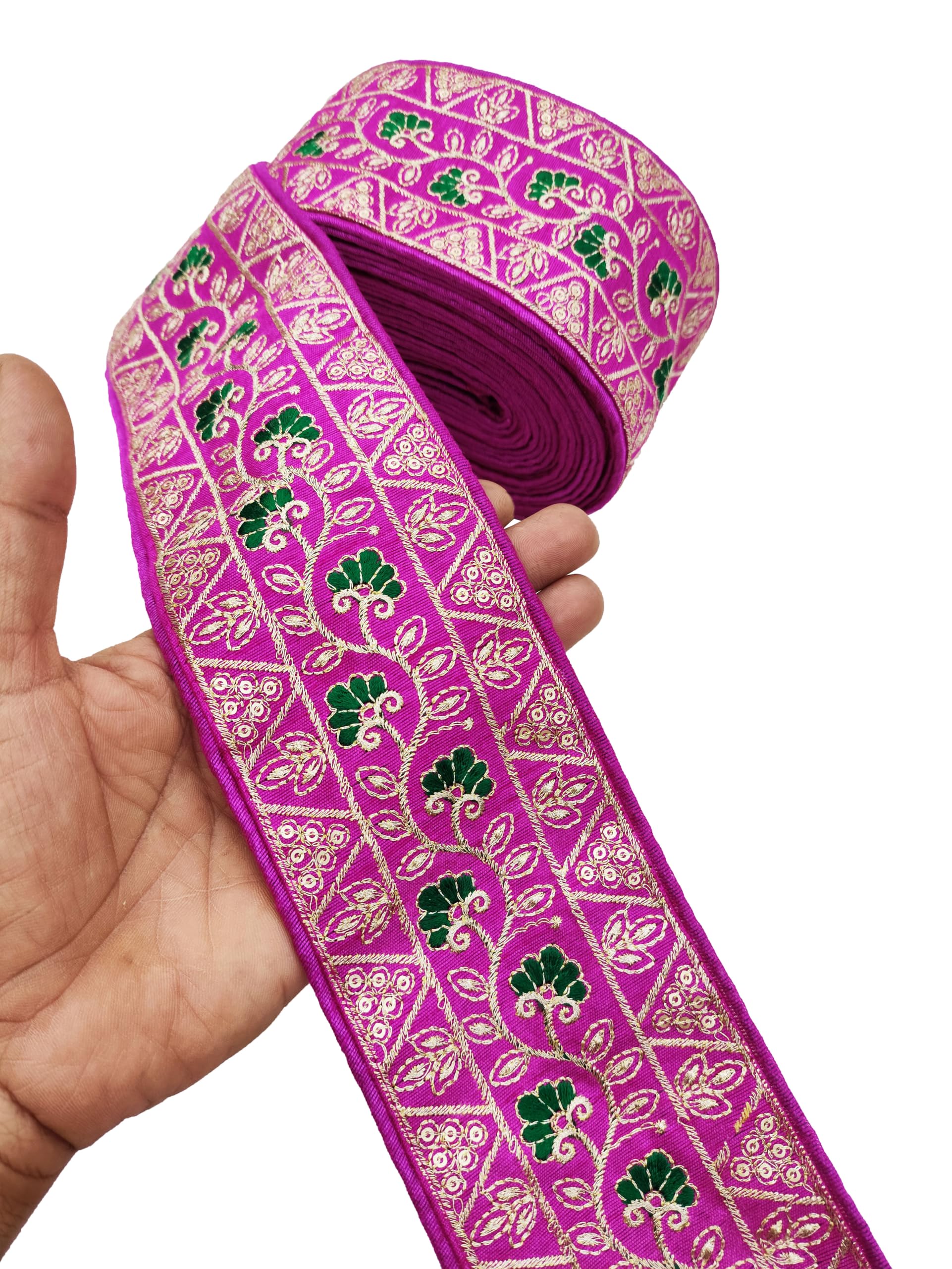 CARTZEYE Embroidery Gold Work Lace Border with Sequence Decorative Ribbon for Saree, Dress, Kurti, Bandhani, Lehenga - 8 cm Width (Pink, 9 Meter) 1