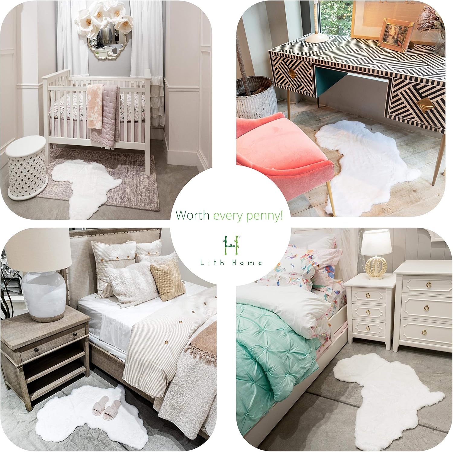 Lith Home Afro Faux Rabbit Fur Rug&Throw-Ultra Soft Plush Luxurious Chair Couch Sofa Bed Furniture Cover or Nursery Room-3x3 ft White African Map Shape