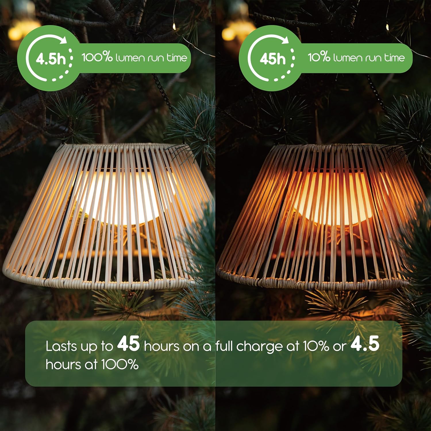 Rattan Series Solar Pendant Lamps - Remote Control Included - Dimmable & Timer Modes - Rechargeable Battery Lasts Up to 45 Hours - 2700K - IP44 Weather Resistant - 2pk