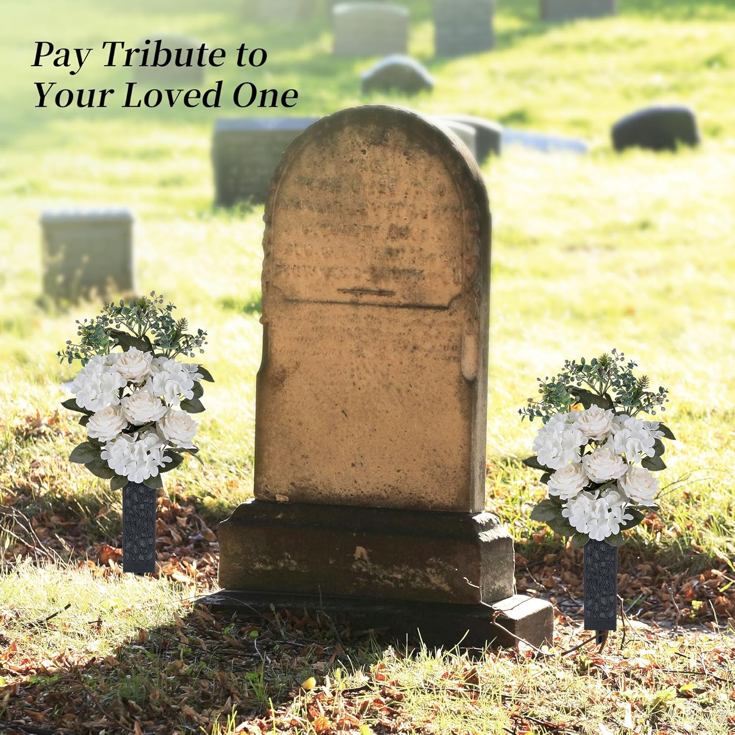 Cemetery Flowers for Grave Decorations: 2 Pcs White Artificial Rose Hydrangea Spring Flower Arrangements Silk Funeral Floral Bouquet with Vase for Outdoors Gravessite Decor