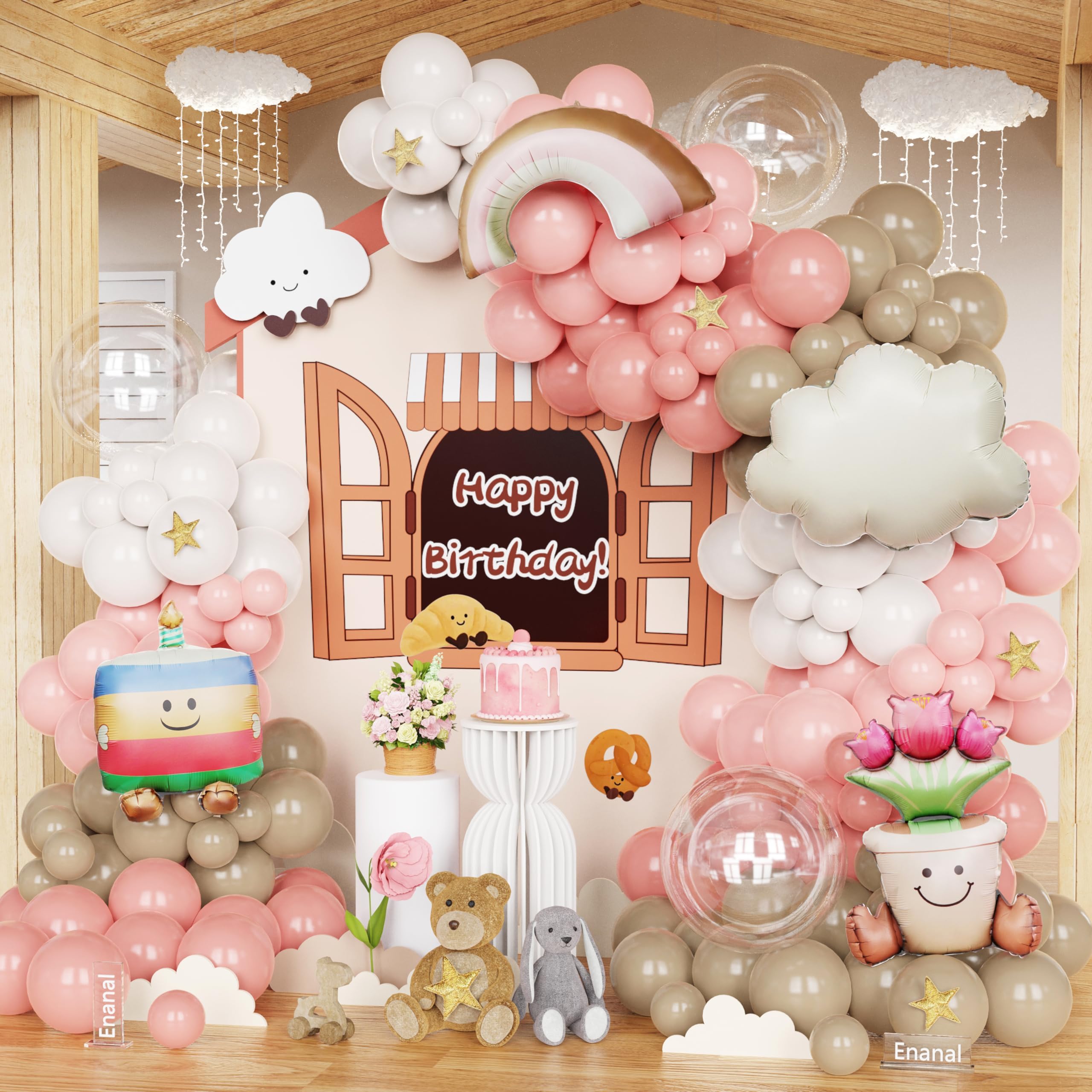Doll Birthday Party Decorations, Soft Retro Pink Brown Latex Balloons with Cake Doll Potted Plant Doll Rainbow Foil Balloons for Doll Birthday Party Decorations Baby Shower Room Decor Supplies