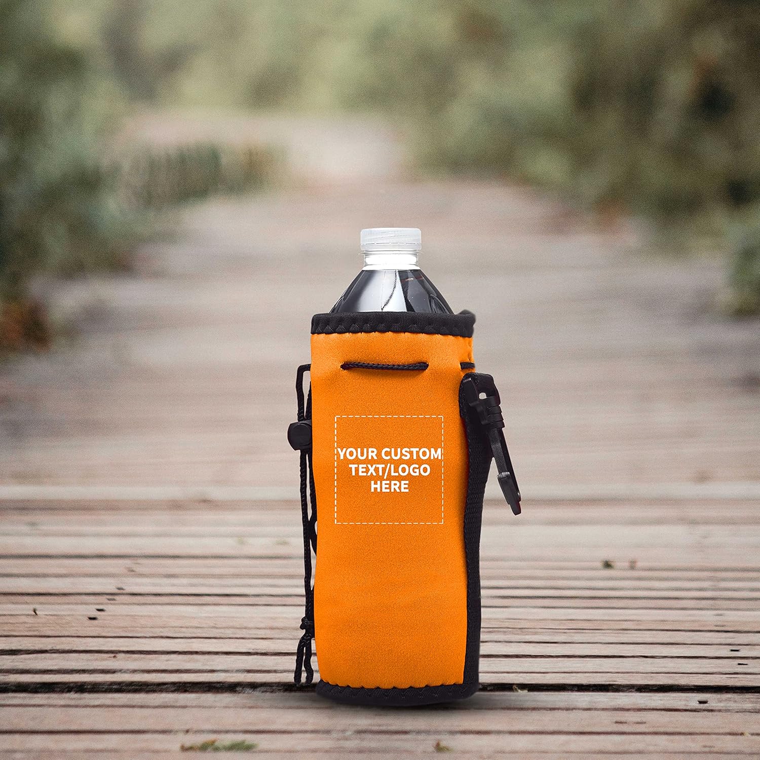 100 Neoprene Water Bottle Drawstring Insulators Pack - Customizable Text, Logo - 12 oz. Longneck, Hook - Neon Orange