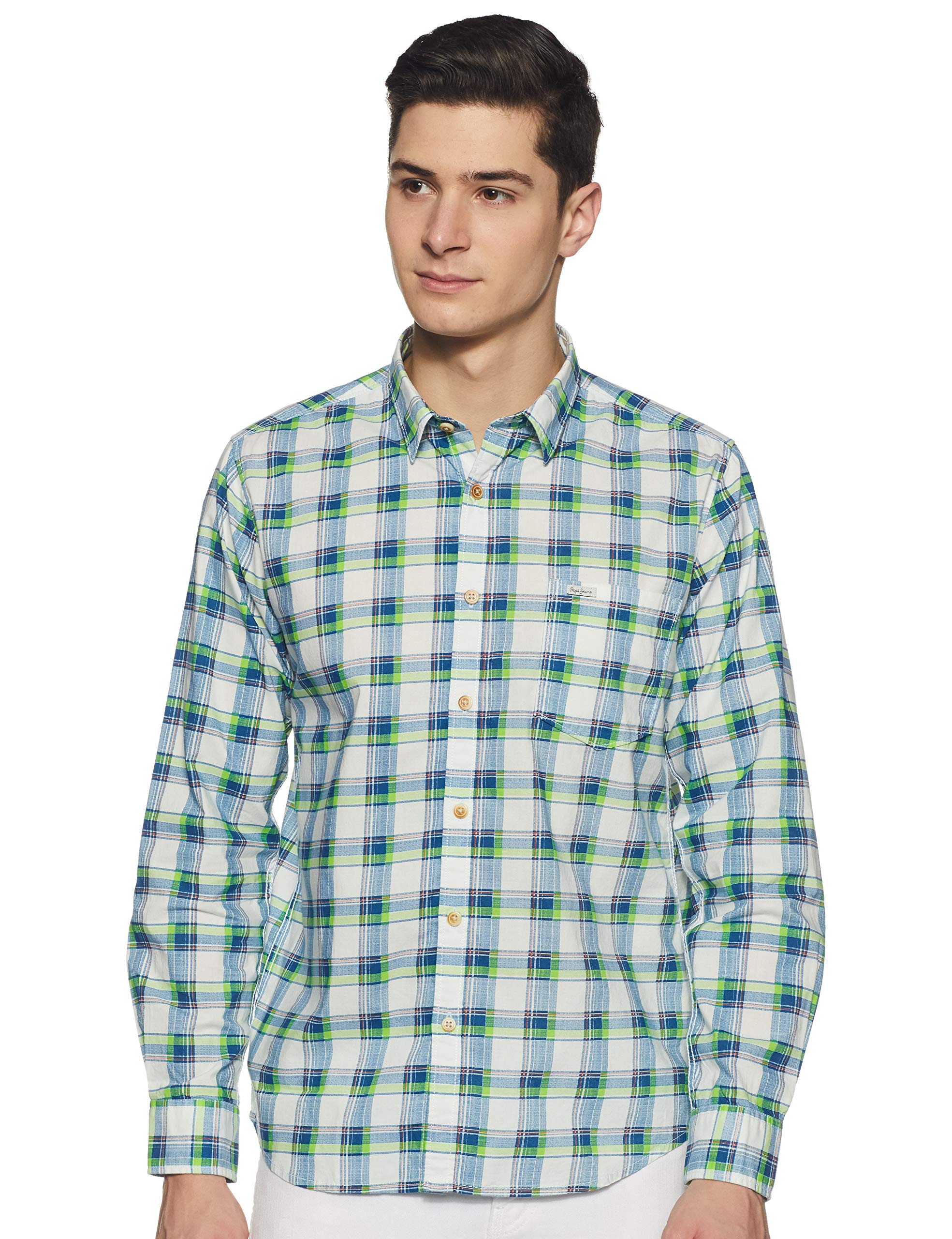 Pepe Jeans Men's Checkered Regular fit Casual Shirt (PM305979_Blue_XXXL