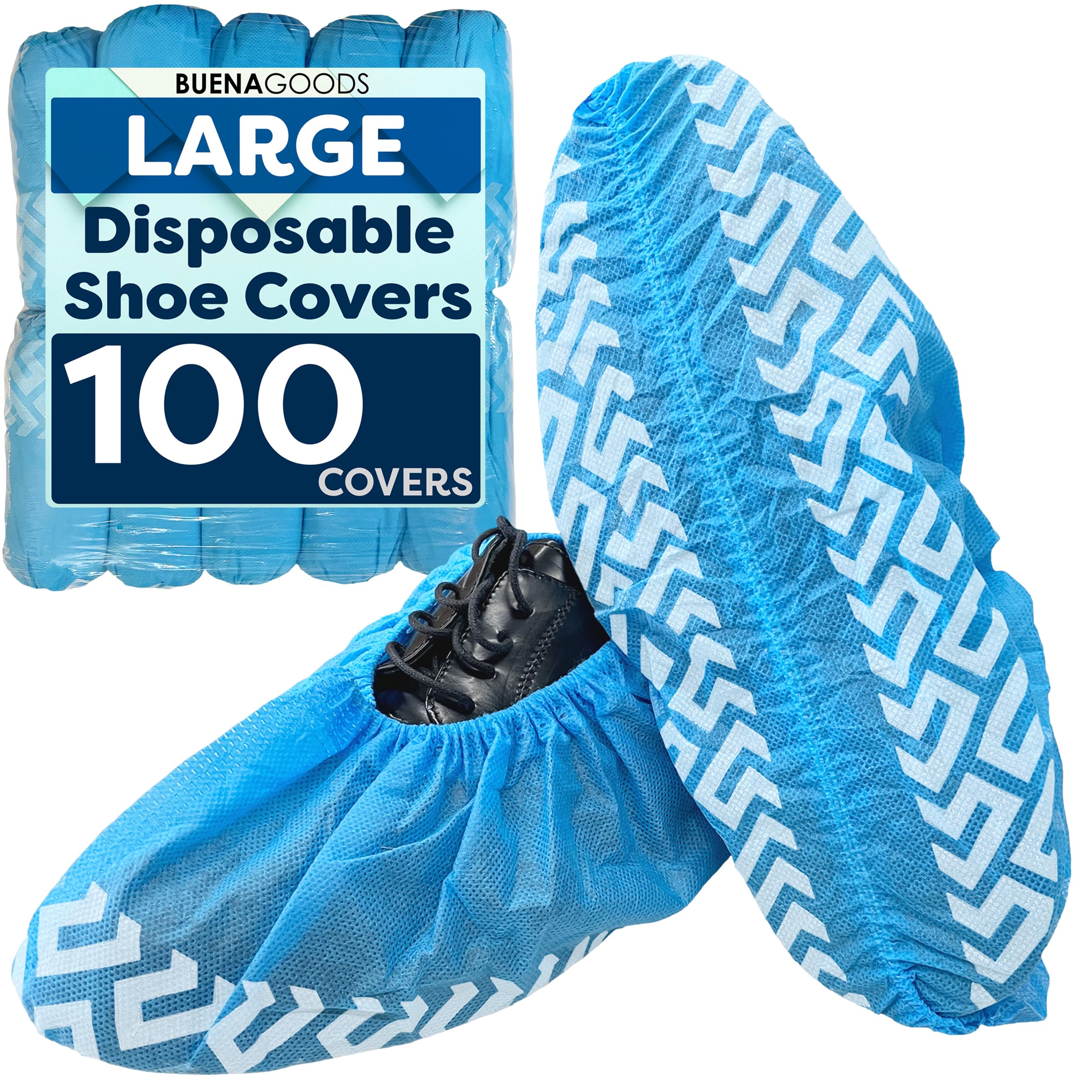 Buena Goods 100 Pack Large Disposable Blue Boot and Shoe Covers - Indoor Reusable Shoe Covers Disposable - Non Slip Booties - Fits US Men's Size 10