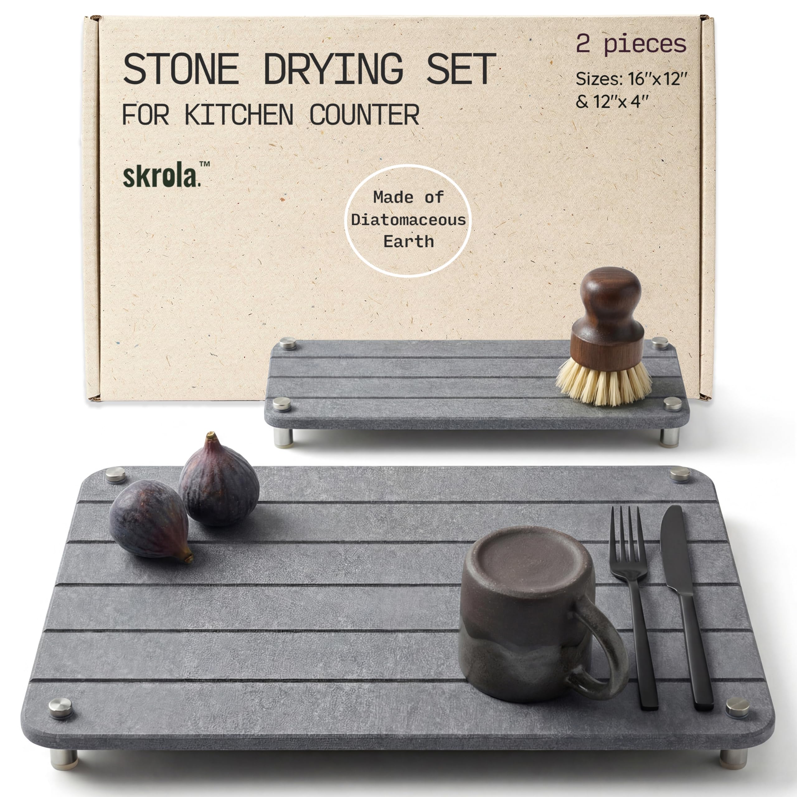 2-teiliges Abtropfmatten-Set aus Steinen, 40,6 x 30,5 cm, Kieselgur-Abtropfmatte für Küchentheke, schnell trocknend, umweltfreundlich, inklusive rutschfesten Beinen (Ashen, 40,6 x 30,5 cm)