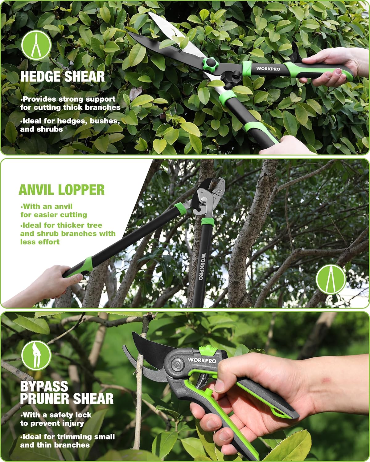 WORKPRO 3-Piece Garden Shears Set - 20” Hedge Shear, 24” Anvil Lopper & 8” Pruning Shear, Heavy-Duty Gardening Clippers with Sharp Blade, Comfort Grip Handle for Branches, Shrubs, and Hedges