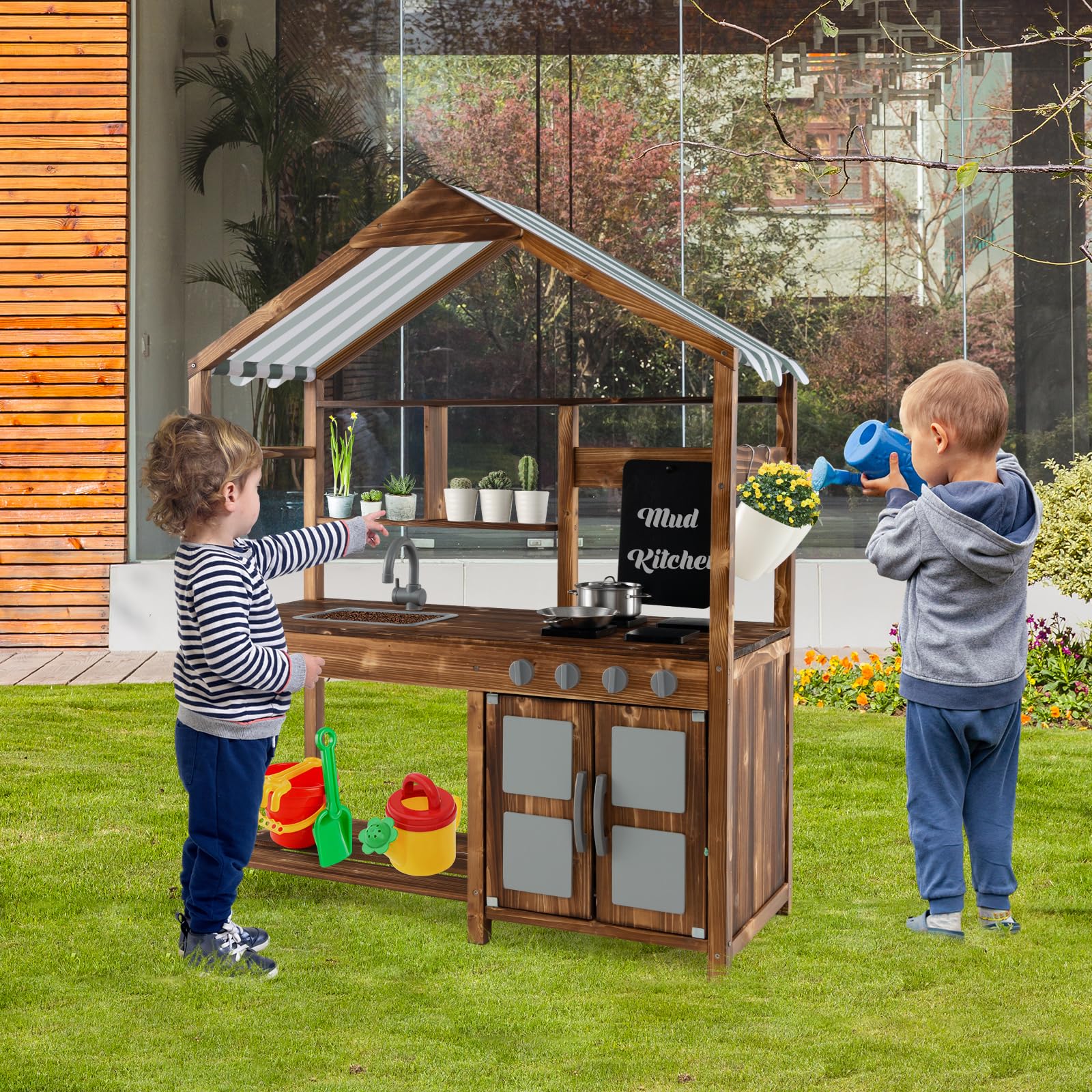 COSTWAY Matschküche Kinder Outdoor, Kinderküche Massivholz mit Vordach & Wasserhahn & Spülbecken & Tafel & Blumentöpfen, Gartenküche inkl. Zubehör, Spielküche Outdoor Küche für Kinder ab 3 Jahren