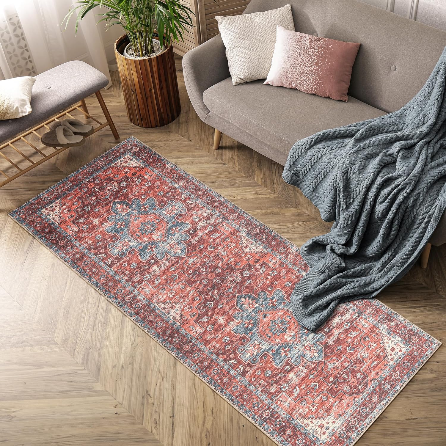 Adiva Rugs Machine Washable 2'6x10 Area Rug with Non Slip Backing for Living Room, Bedroom, Bathroom, Kitchen, Printed Vintage Home Decor, Floor Decoration Carpet Mat (Terra, 2'6" x 10') 2'6" x 10' Terra 40