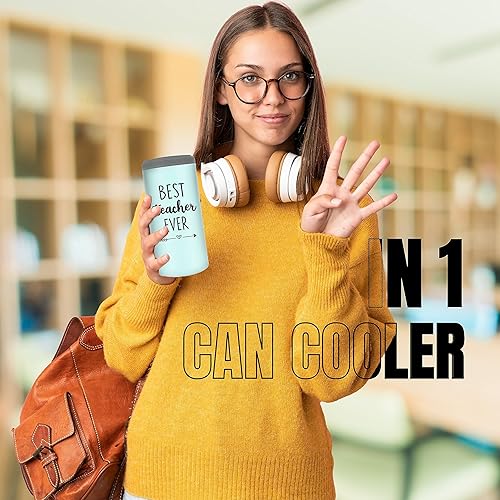 Miniatura 3 de SANDJEST Vaso con diseño 4 en 1, diseño de Best Teacher Ever, vaso enfriador de latas de acero inoxidable de 12 onzas, taza de viaje Coozie para