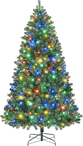 Yaheetech Árbol de Navidad artificial de abeto preiluminado de 6 pies con 300 luces LED multicolor y 818 puntas de ramas y soporte de metal para el