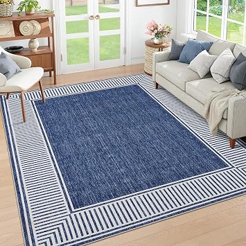 GlowSol Living Room Rug 5x7 Washable Rugs for Bedroom Low Pile Stain Resistant Bordered Neutral Floor Cover Modern Bordered Ultra Soft Non Slip Carpet for Nursery Entryway Bedroom, Blue