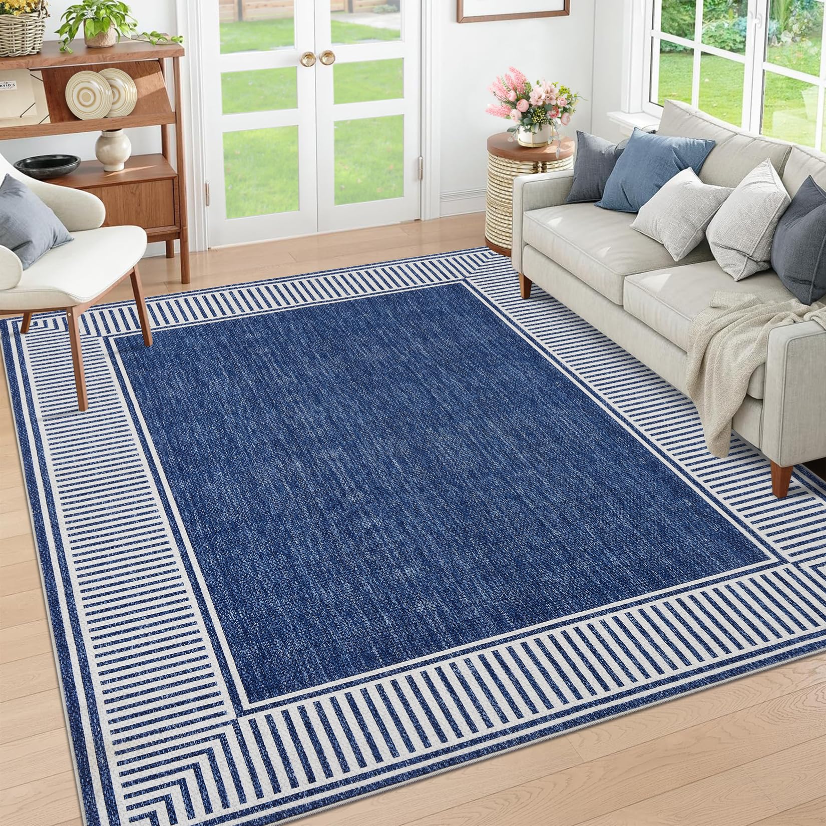 GarveeHome Area Rug 10x13 Modern Bordered Large Living Room Area Rug Washable Bedroom Throw Carpet with Rubber Backing Low Pile Stain Resistant