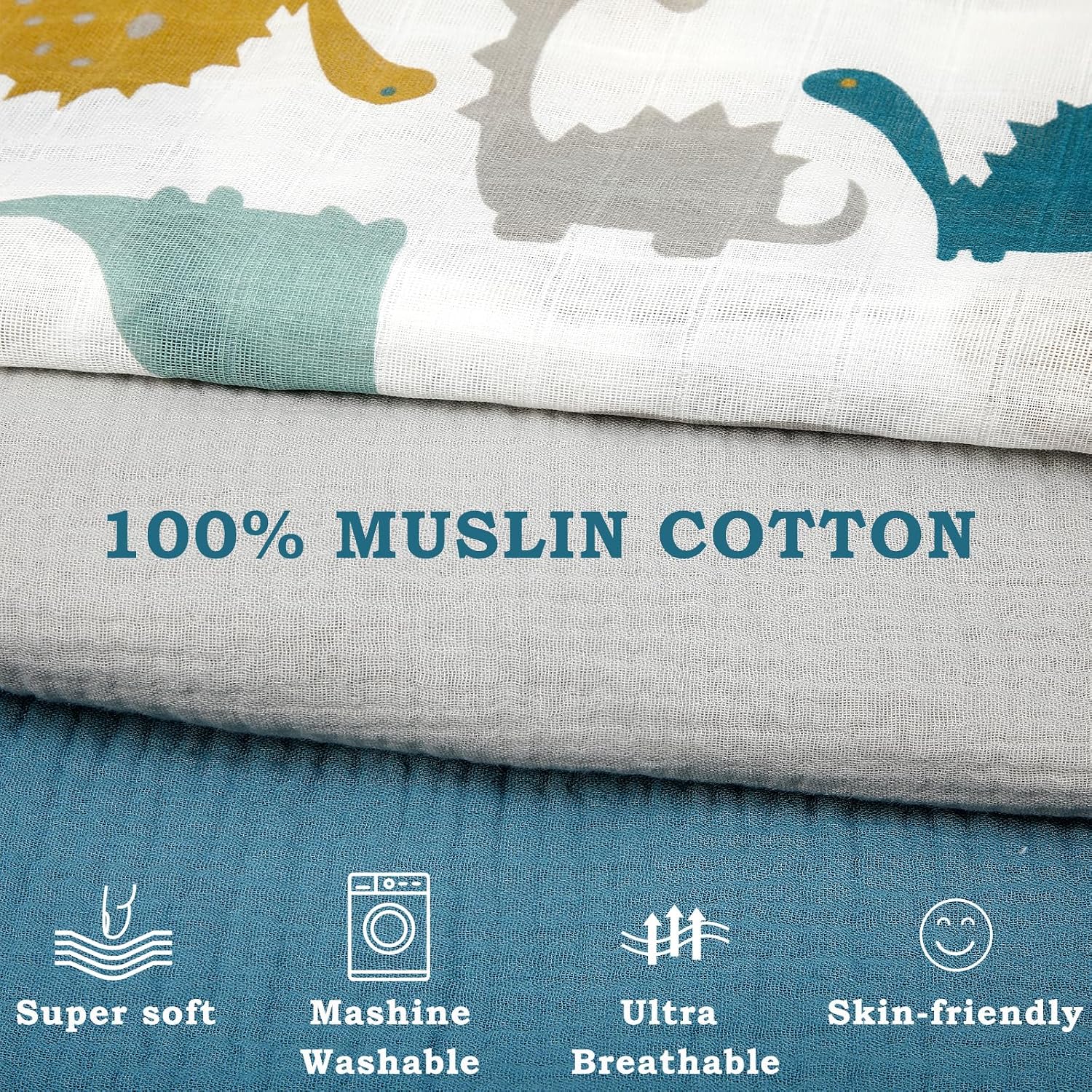 Newwiee Muslin Baby Lounger Cover 3 Pack Organic Cotton Removable Lounger Cover Soft and Breathable Nest Replacement Baby Slipcover for Newborn Infant Boys Girls(Blue, Grey, White,Dinosaur)