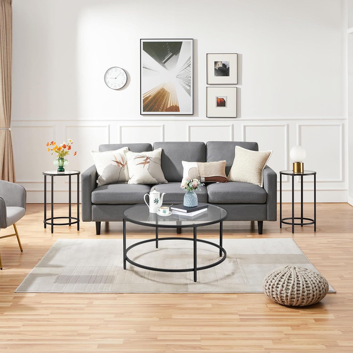 Yaheetech Glass Coffee Table Set of 3Pcs, Round Coffee Table & 2pcs Round End Table w/Reinforced Frame & Tempered Glass Surface for Living Room, Apartment, Black