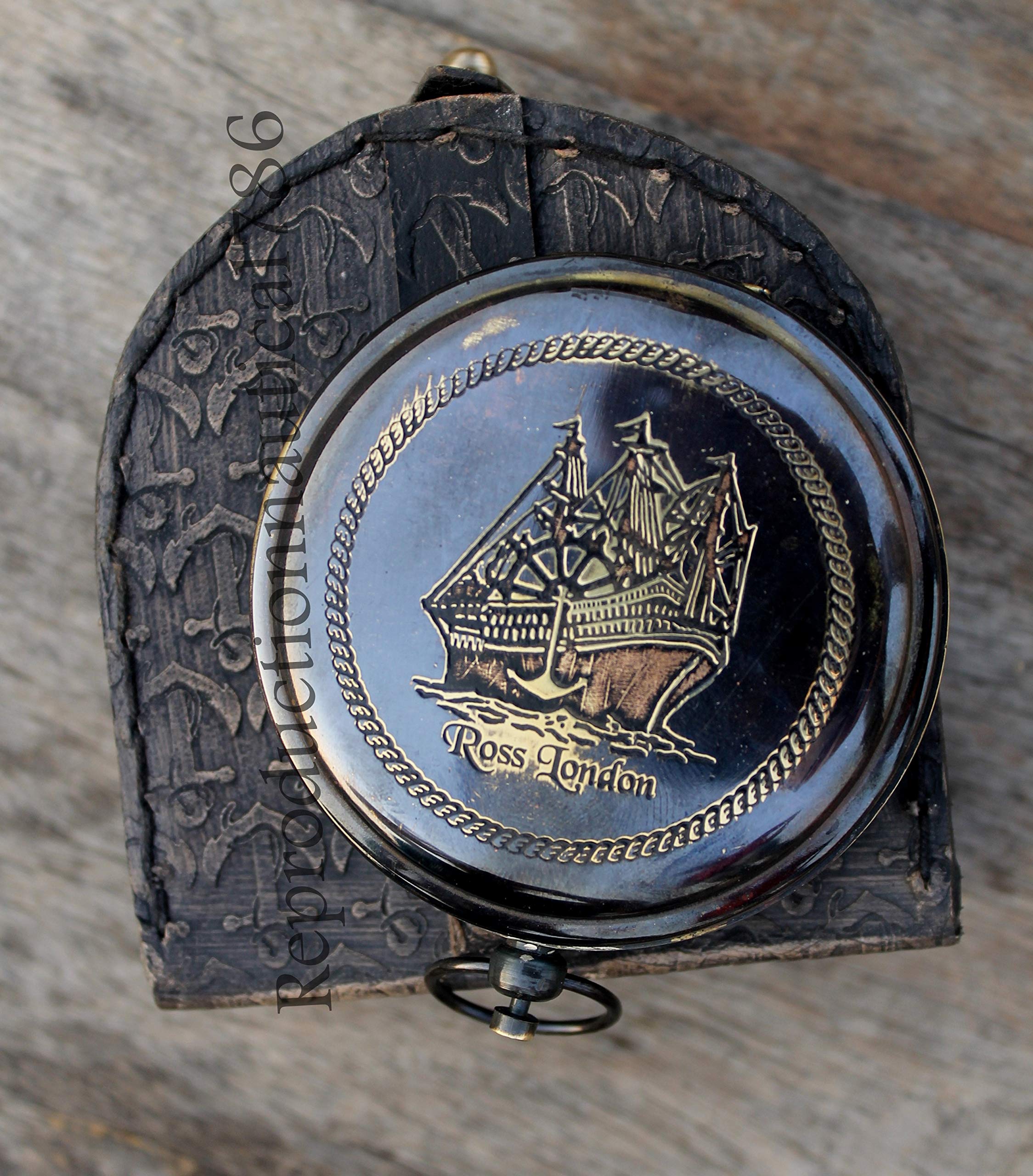 ROSS LONDON Antique Brass Working Compass With Leather Stamped