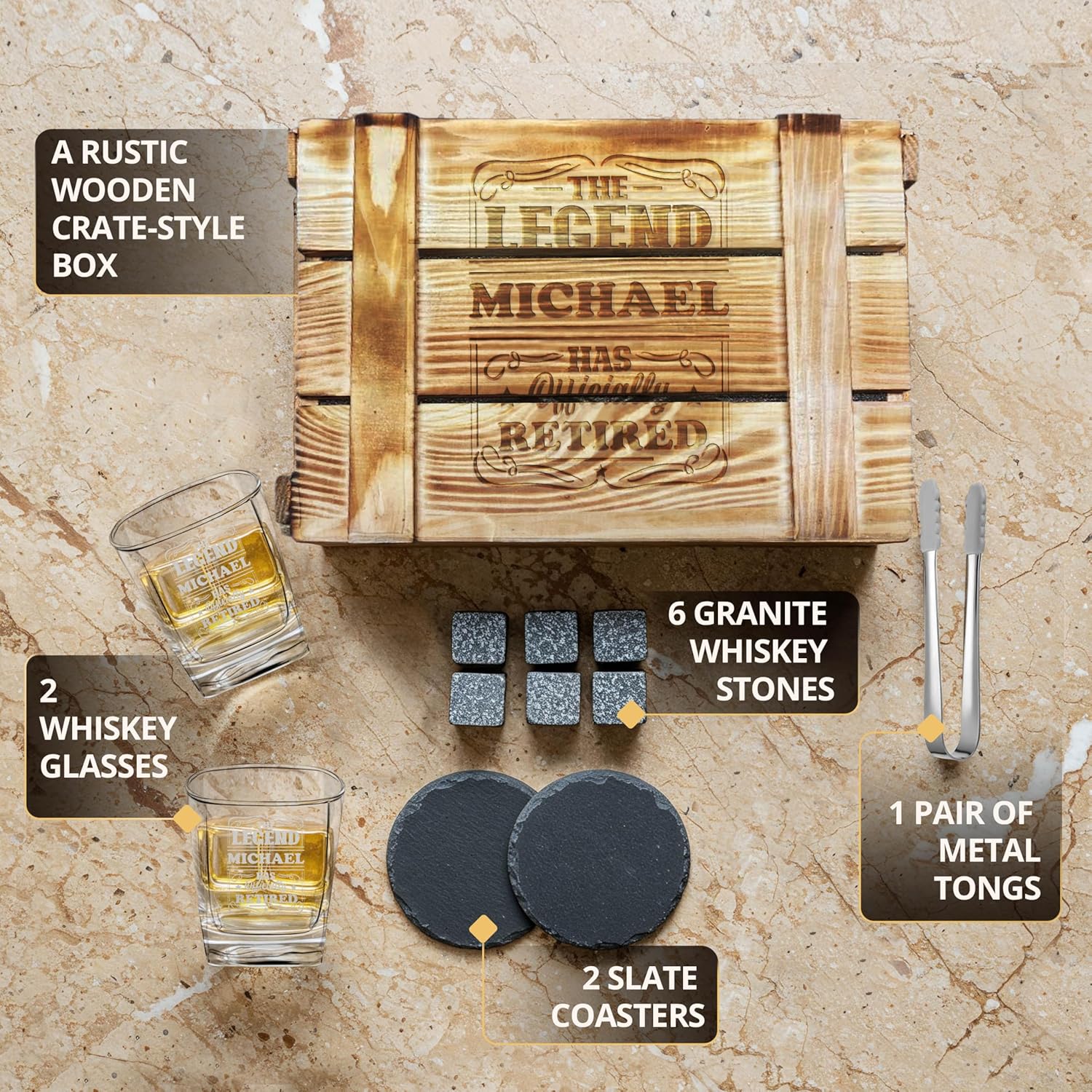 Custom This Legend Your Name Has Retired Whiskey Glass Gift Set 2 Glasses, 6 Granite Chilling Stones, Tongs & 2 Slate Coasters in Rustic Wood Crate – Scotch, Bourbon Lovers Gift