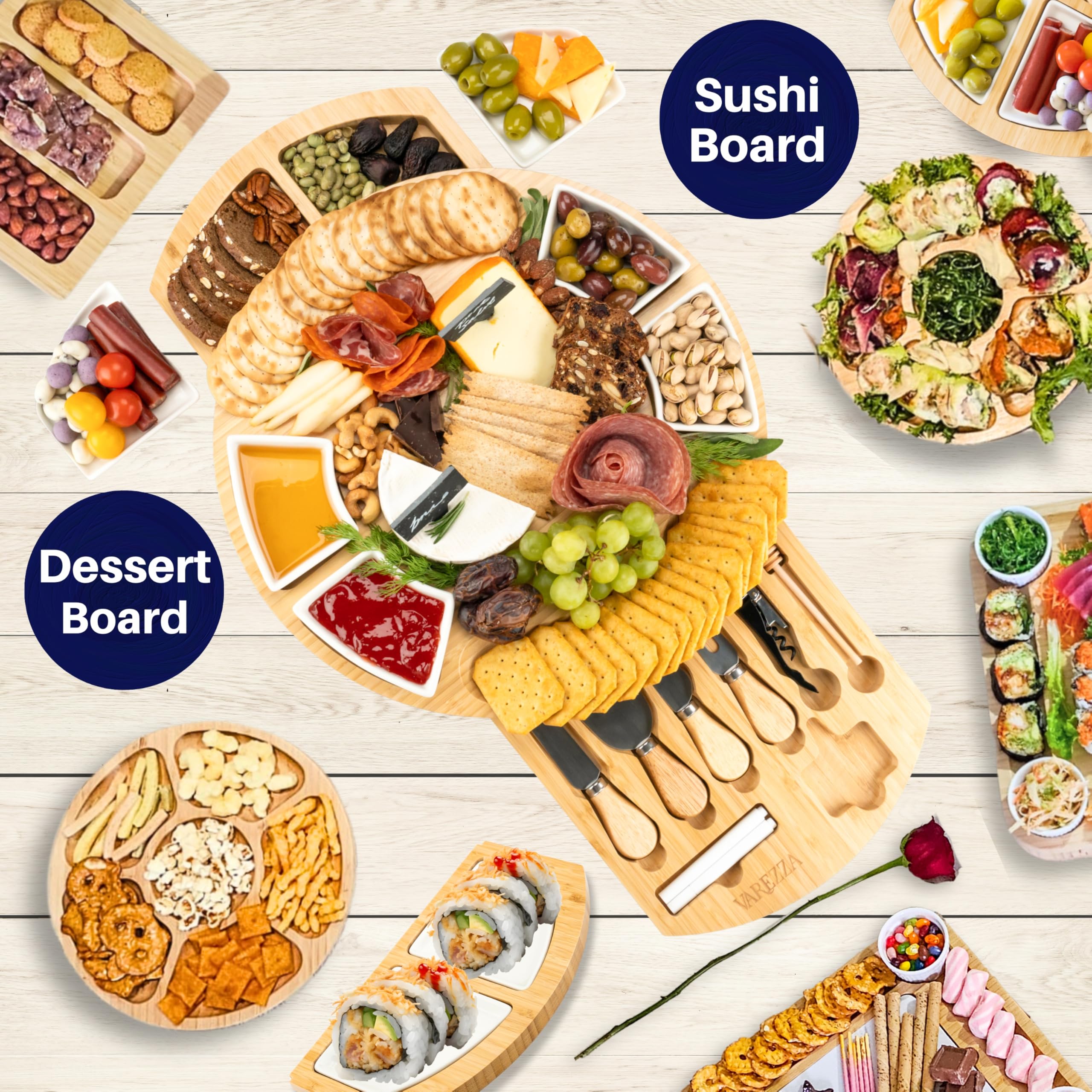 VAREZZA Juego de tablas de charcutería extragrandes: tabla redonda de bambú de 16 pulgadas y juego de cuchillos, bandeja de queso, plato de queso de frutas de bambú, 10 tablas de embutidos, regalos de