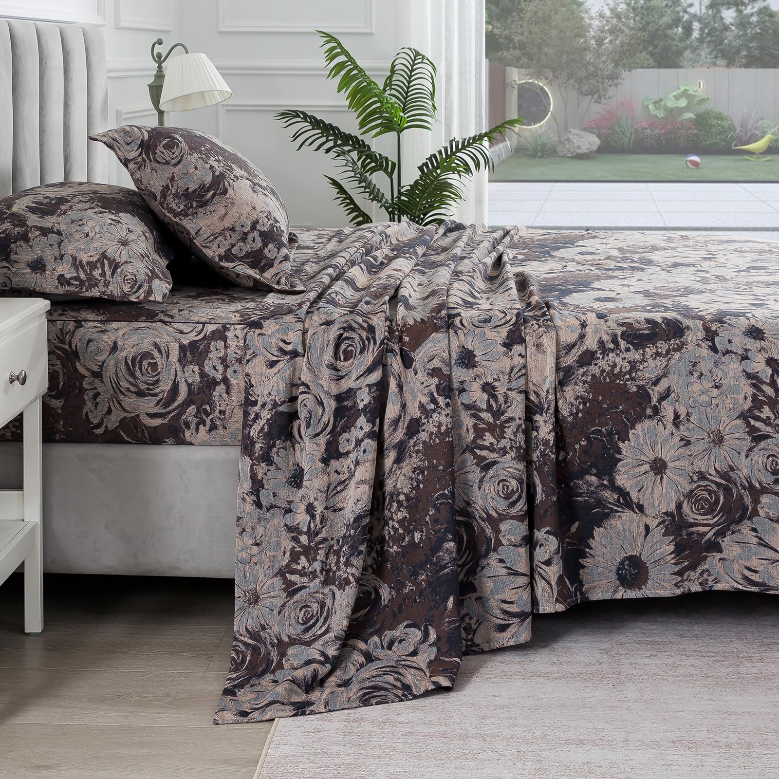 Puralens Moody Floral Brown Muslin Bed Sheets Queen Size Deep Pocket