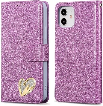 QLTYPRI Case for iPhone 12/12 Pro, Glitter PU Leather TPU Bumper Card Holder Wrist Strap Wallet with Cute Inlaid Loving Heart Diamond Flip Cover for iPhone 12/12 Pro 6.1 inch - Purple