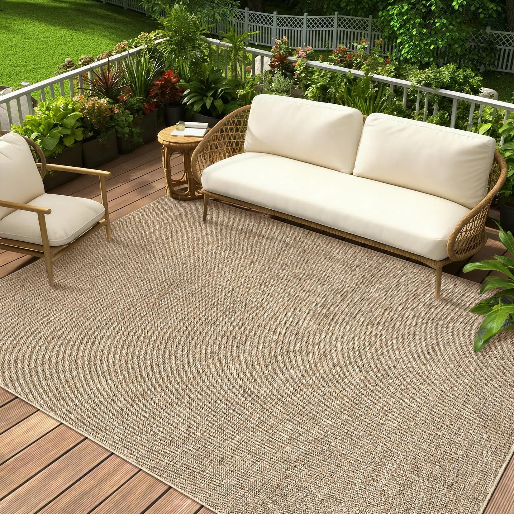 Tapis aspect jute extérieur et intérieur couleur lin pour terrasse et salon moderne