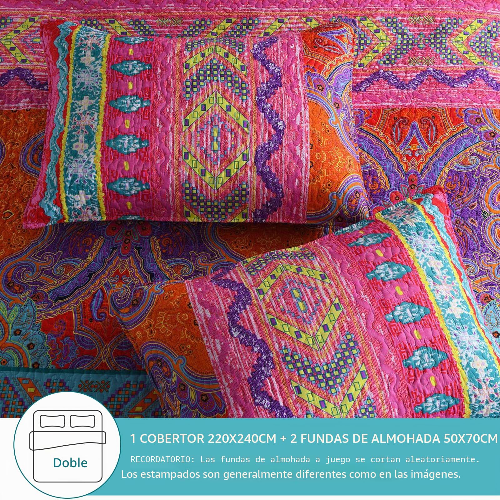 Qucover Colcha Boutí 220x240 cm, Ligera Microfibra Colchas Cama, 3 Piezas Ultrasónica Colcha Boho con 2 Fundas de Almohada de 50x70 cm para Dormitorio, como Funda de Sofá