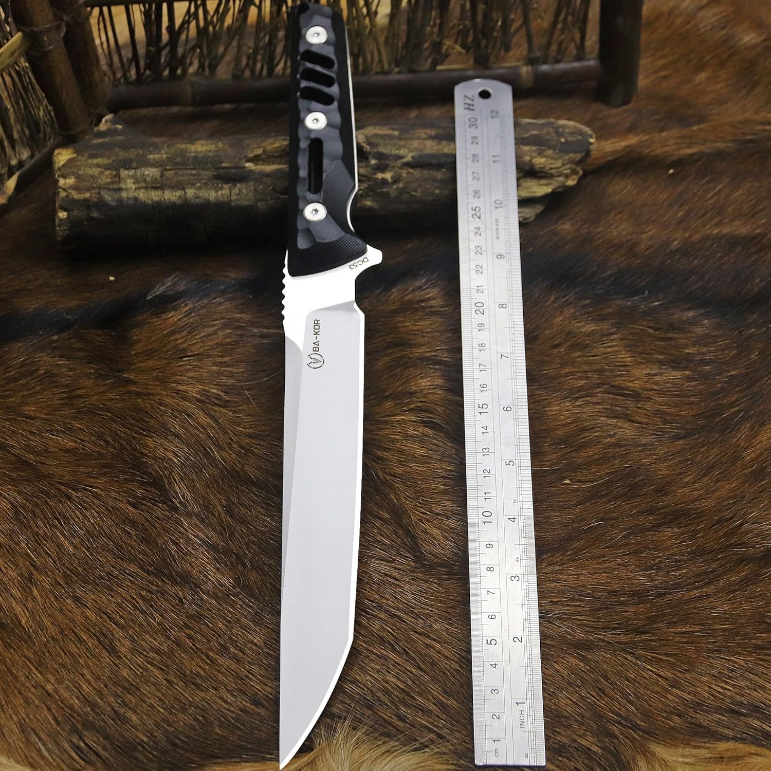 BA-KOR 14.2in（Japanese Style） Full Tang Hunting Knife - 8mm DC53 Steel Survival Knife, Nylon Fiber Handle & Sheath, + (5.9in) cerium igniter, suitable for outdoor hunting, camping, survival, EDC tool