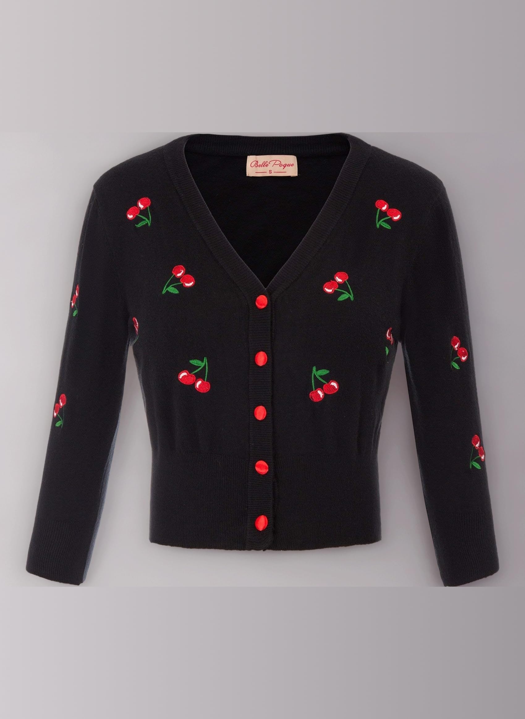 Belle Poque Women's Vintage 50s Cherries Embroidery Cardigan Sweater V-Neck 3/4 Sleeve Cropped Sweater Coat GF609