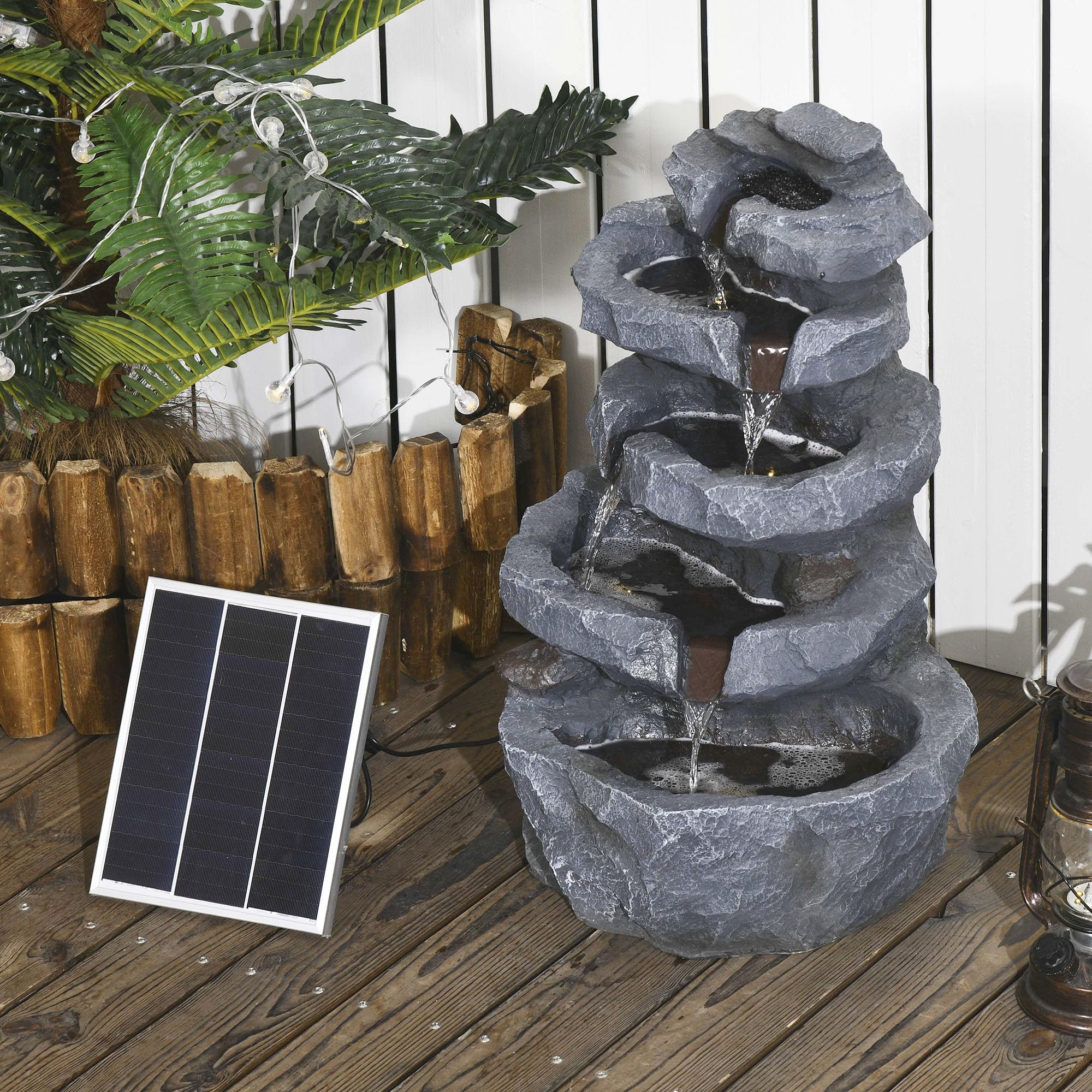 Outsunny Fontaine de Jardin à énergie Solaire Roche en Cascade à 5 Niveaux en résine avec lumières LED et Pompe dim. 38L x 31l x 55H cm Gris