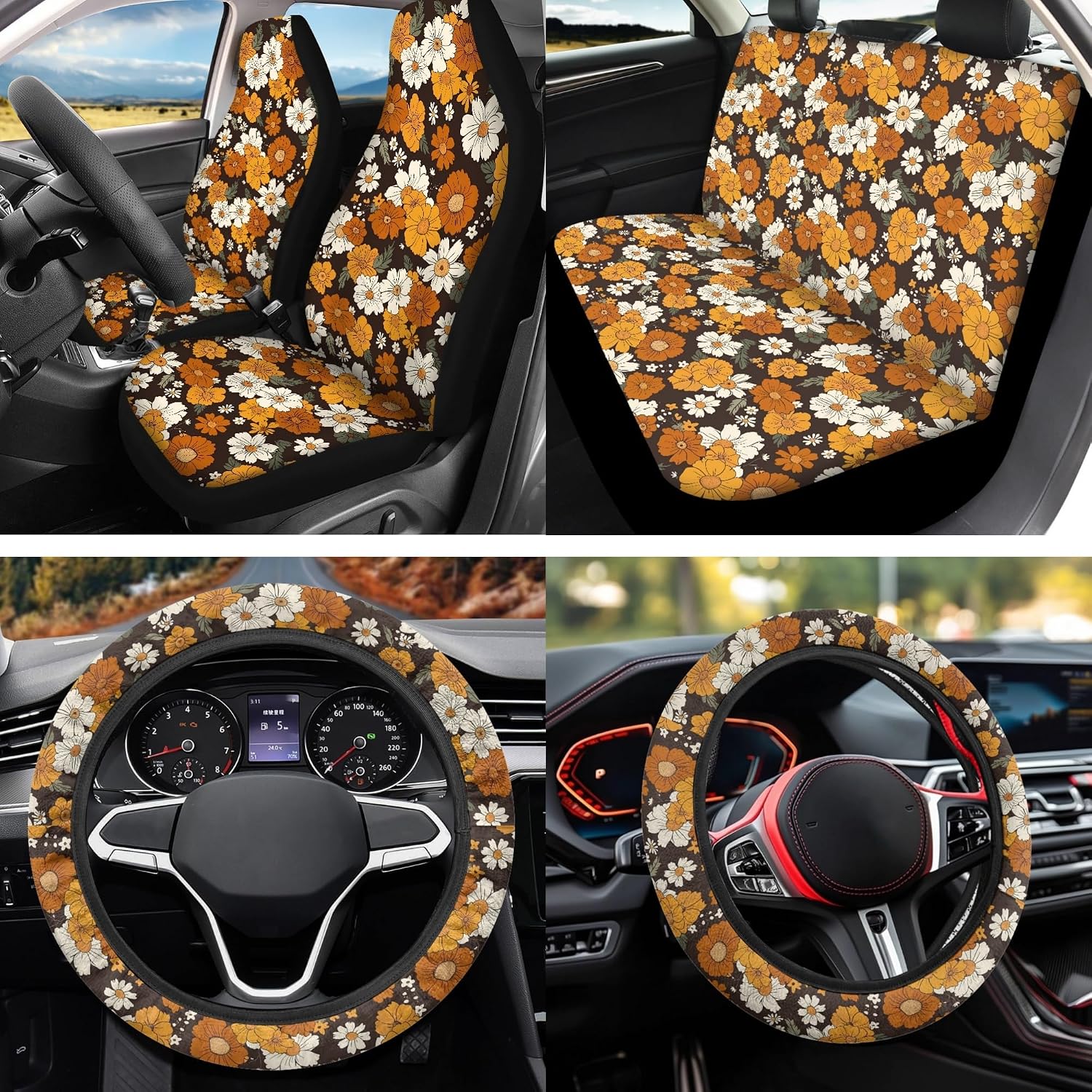 Vintage Hippie Flower Front and Rear Car Seat Covers Set with Steering Wheel Cover Armrest Cushion Seat Belt Pads Cup Coasters Key Chain Universal Auto Accessory Fit for Most Vehicles