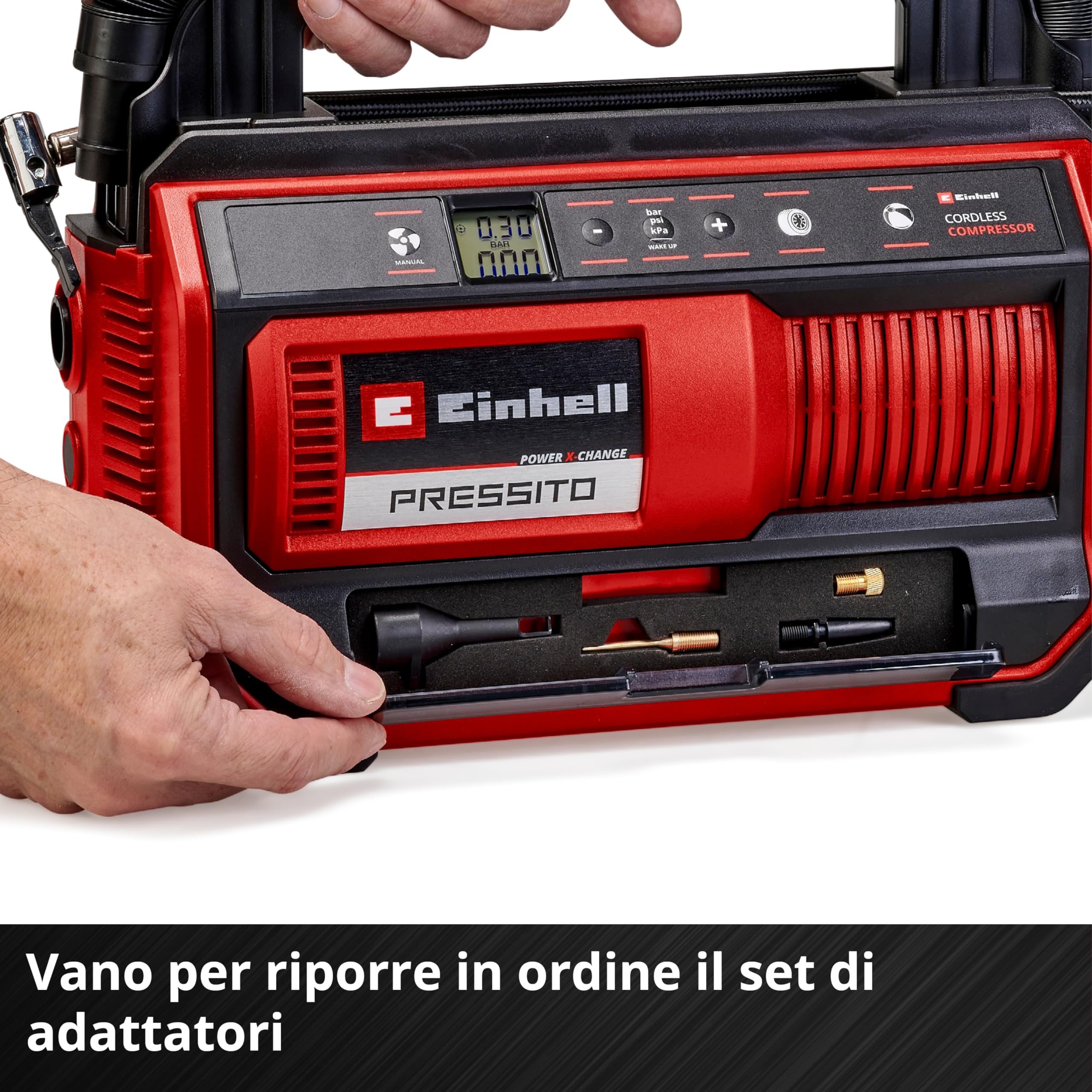 Einhell Compressore a batteria PRESSITO 18/25 Power X-Change(18 V, max. 11 bar, incl. kit 3 adattatori, incl. tubo flessibile alta press. 71 cm e tubo flessibile bassa press. 1,6 m, senza batteria)