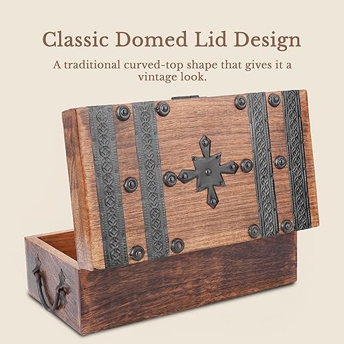 Miniatura 5 de Ajuny Cofre del tesoro de madera hecho a mano, caja de recuerdo vintage y joyería con tiras de concha, almacenamiento de regalo multiusos para