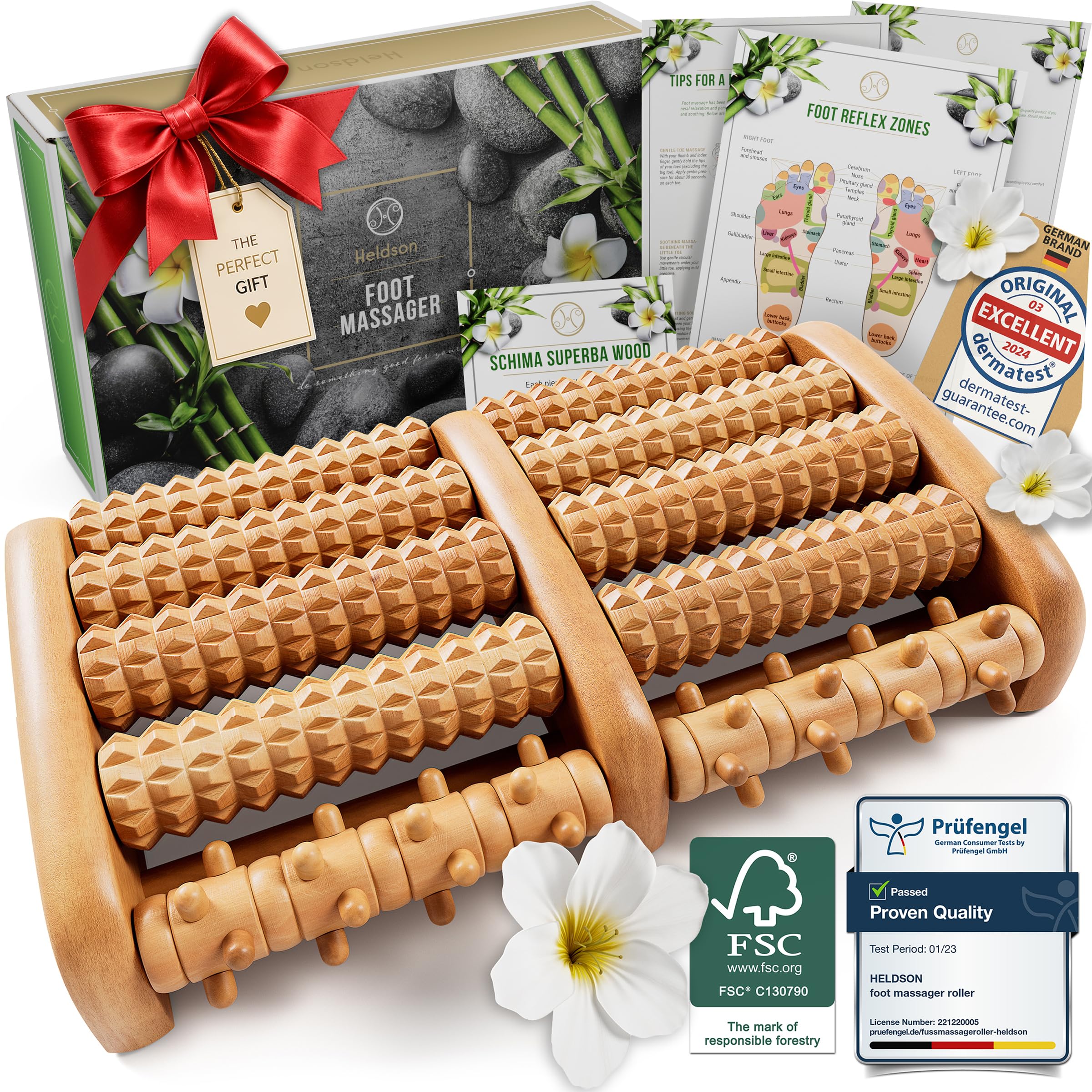 HELDSON® Rodillo de masaje para pies de madera, con tarjeta de reflexologÃa y manual en alemán
