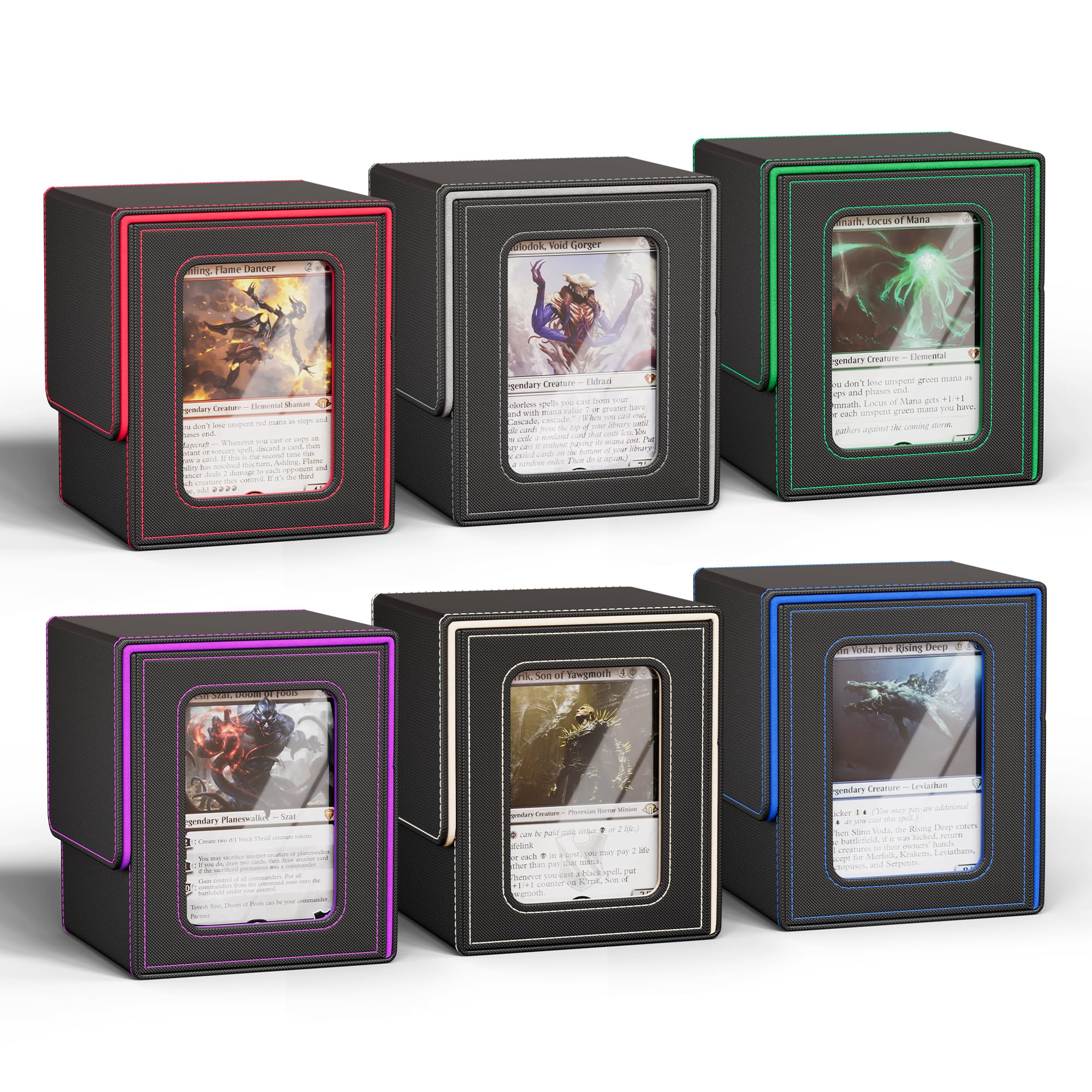 UAONO 6 Pack MTG Commander Deck Box, Independent Commander Display, Fits 100 Double-Sleeved Cards, Magnetic Deck Case for Magic the Gathering TCG, 12 Dividers & 6 Top Loaders (6 Color)