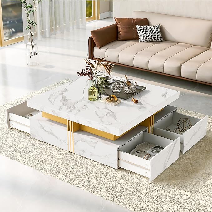 Amazon.com: Modern Large Square Coffee Table with 4 Drawers, White ...