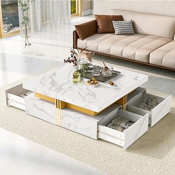 Modern Large Square Coffee Table with 4 Drawers, White Marble Coffee Table for Living Room, Contemporary Square Center Table with Gold Metal Bars for Reception Room, Office, 43" D X 43" W X 16.5" H