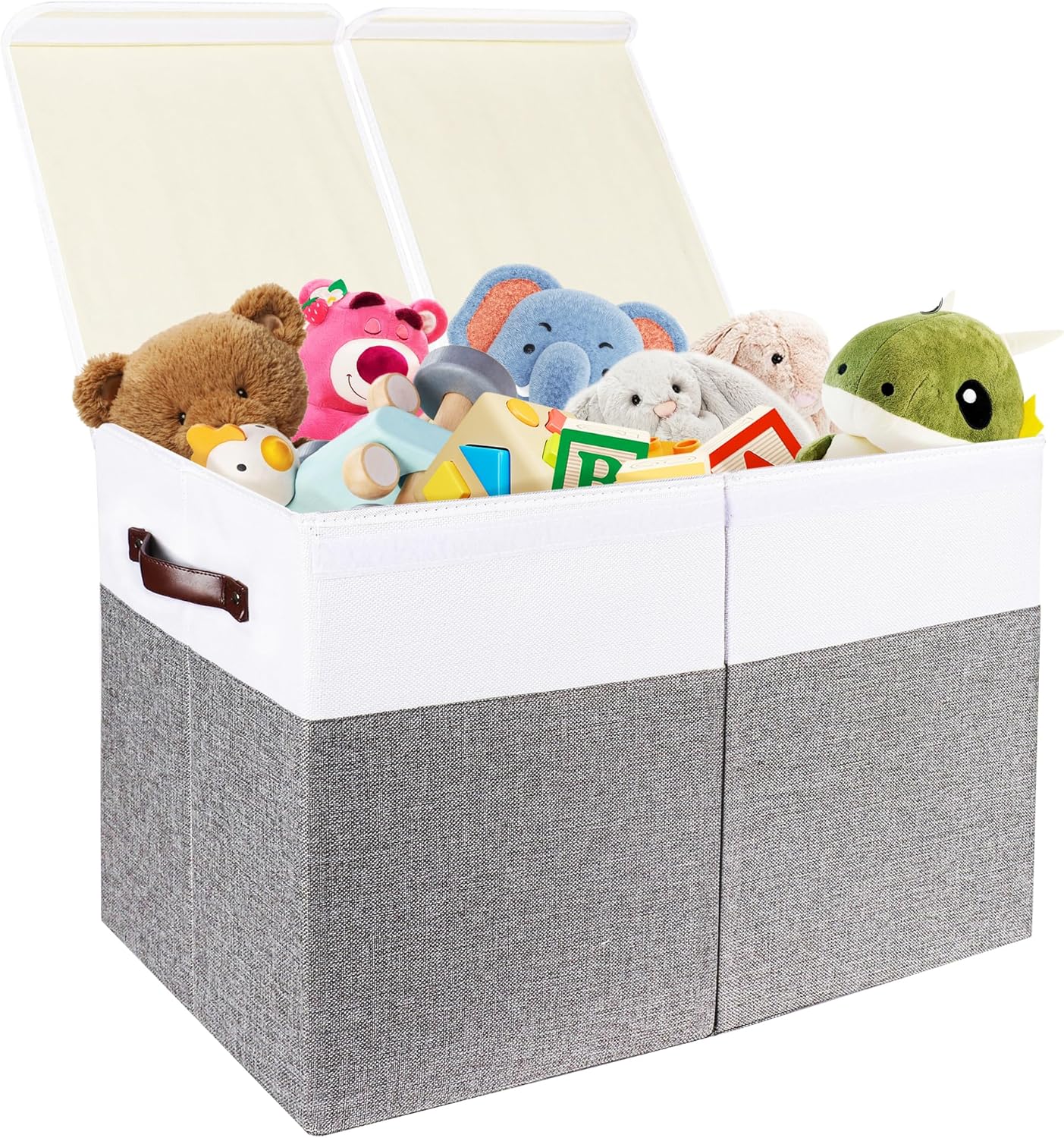 Large Toy Box Storage for Boys Girls, Sturdy Linen Toy Chest Bin Boxes with Lids for Kids Toybox Stuffed Animal Storage Organizer Blanket Basket for Living Room 25"x13"x16", Gray Grey and White Large