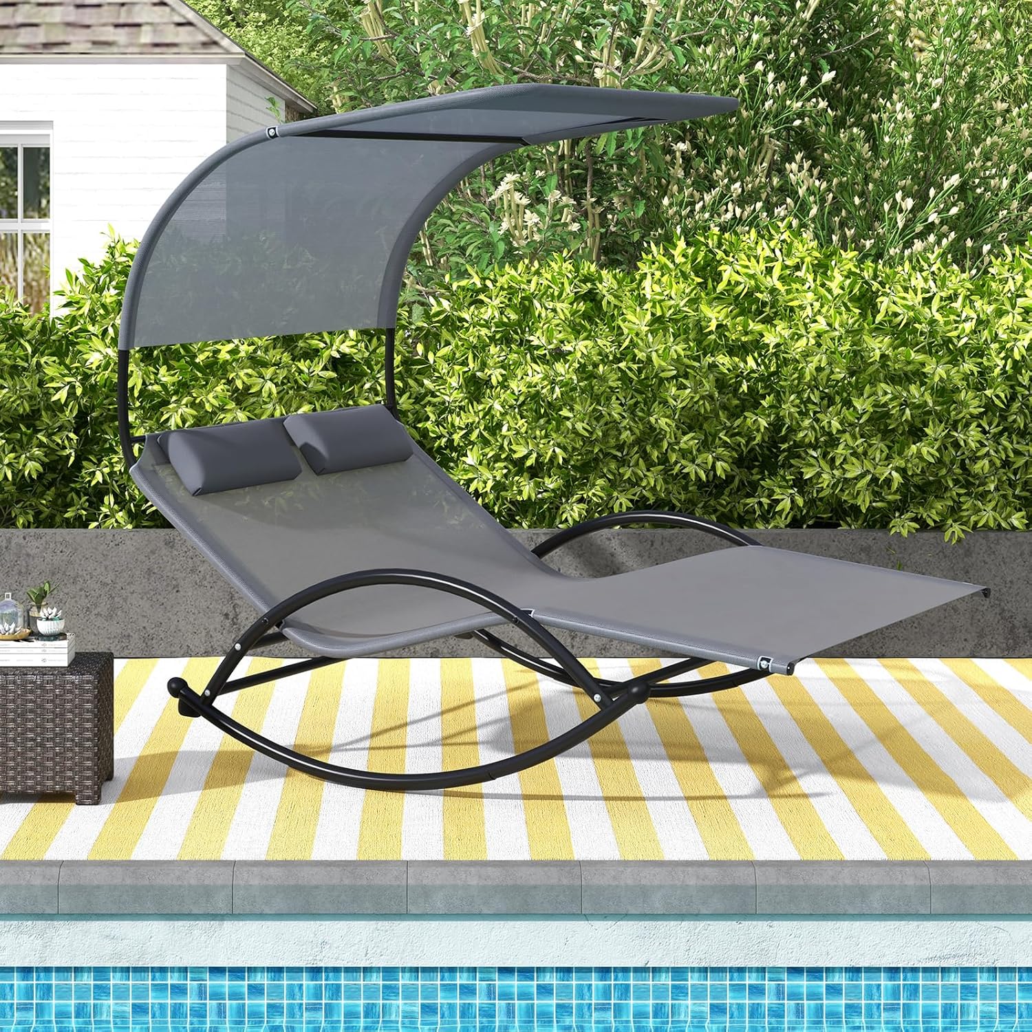 Tangkula 2 Person Lounge Chair with Canopy, Outdoor Chaise Lounge with 2 Detachable Pillows, Sturdy Metal Frame, Extra Large Double Patio Hammock Sunbed Swing for Backyard, Poolside (Gray)