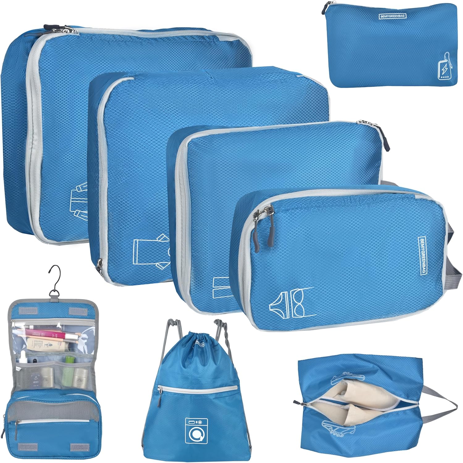 8 Set Expandable Compression Packing Cubes for Suitcases Travel Essentials Carry On Waterproof Storage Bag With Dry And Wet Separation Blue